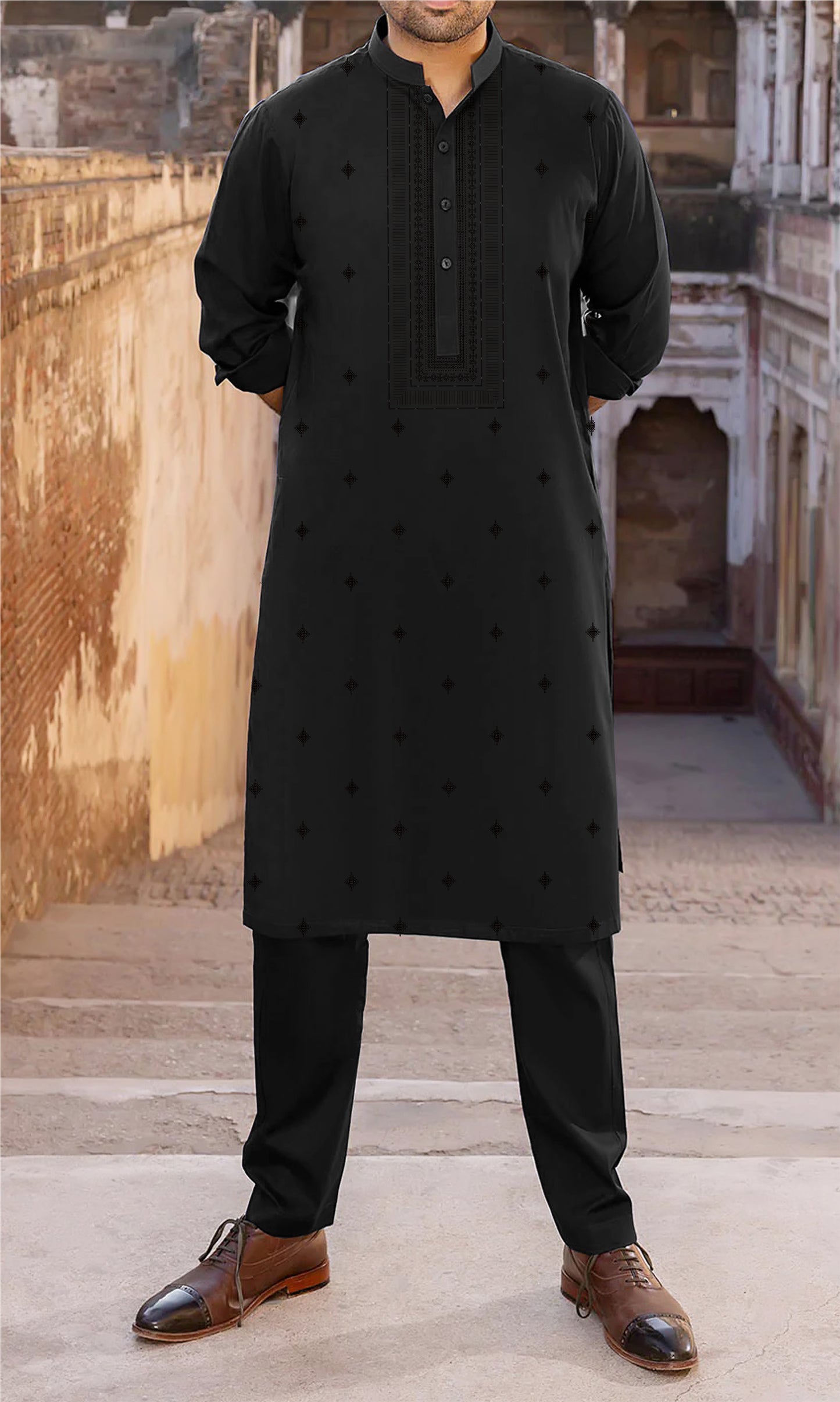 Men Unstitch Neckline With Front Allover Cotton-Thread - Black