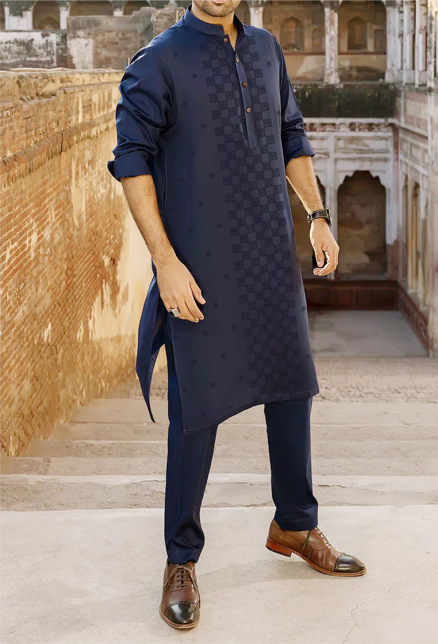 Men Unstitch Front Allover Cotton-Thread - Navy