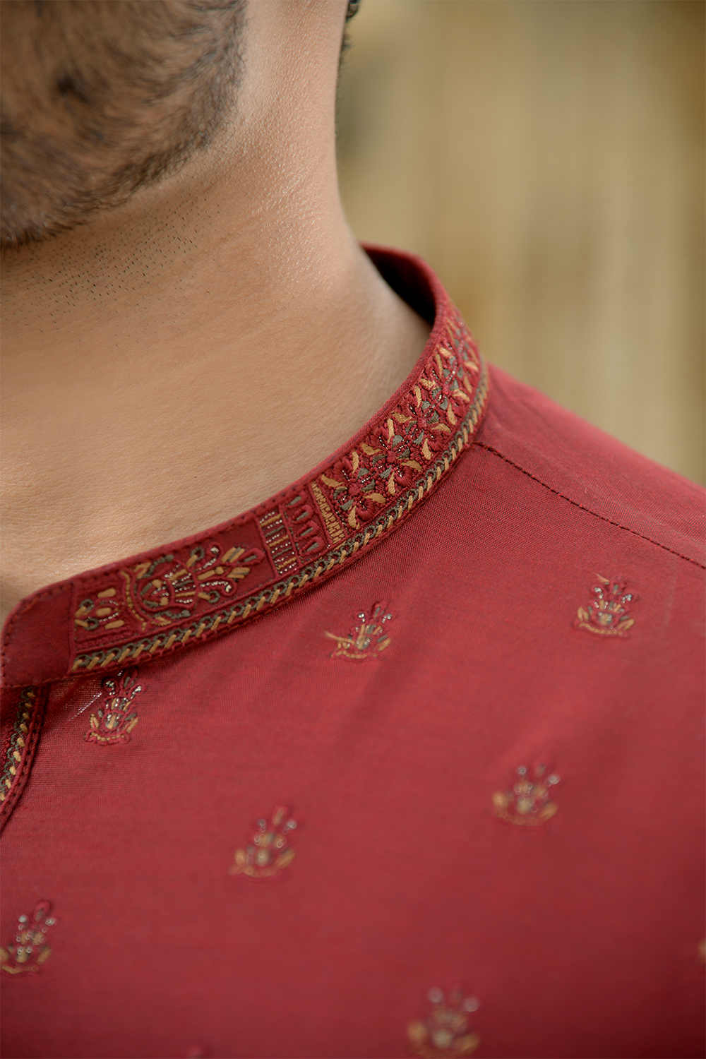 Shehnai Men Unstitch Embroidered Cotton-Silk Fabric Kurta Currant