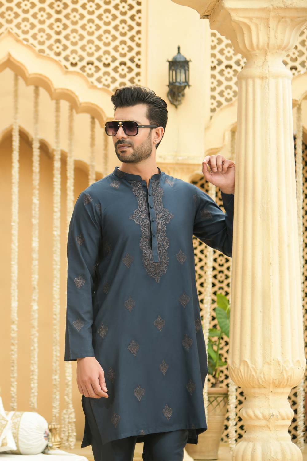 Shehnai Men Unstitch Embroidered Cotton-Silk Fabric Kameez Shalwar Prussian