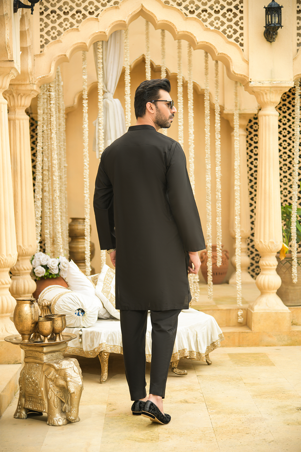 Men Black Unstitch Embroidered Raw Silk Fabric Kameez Shalwar