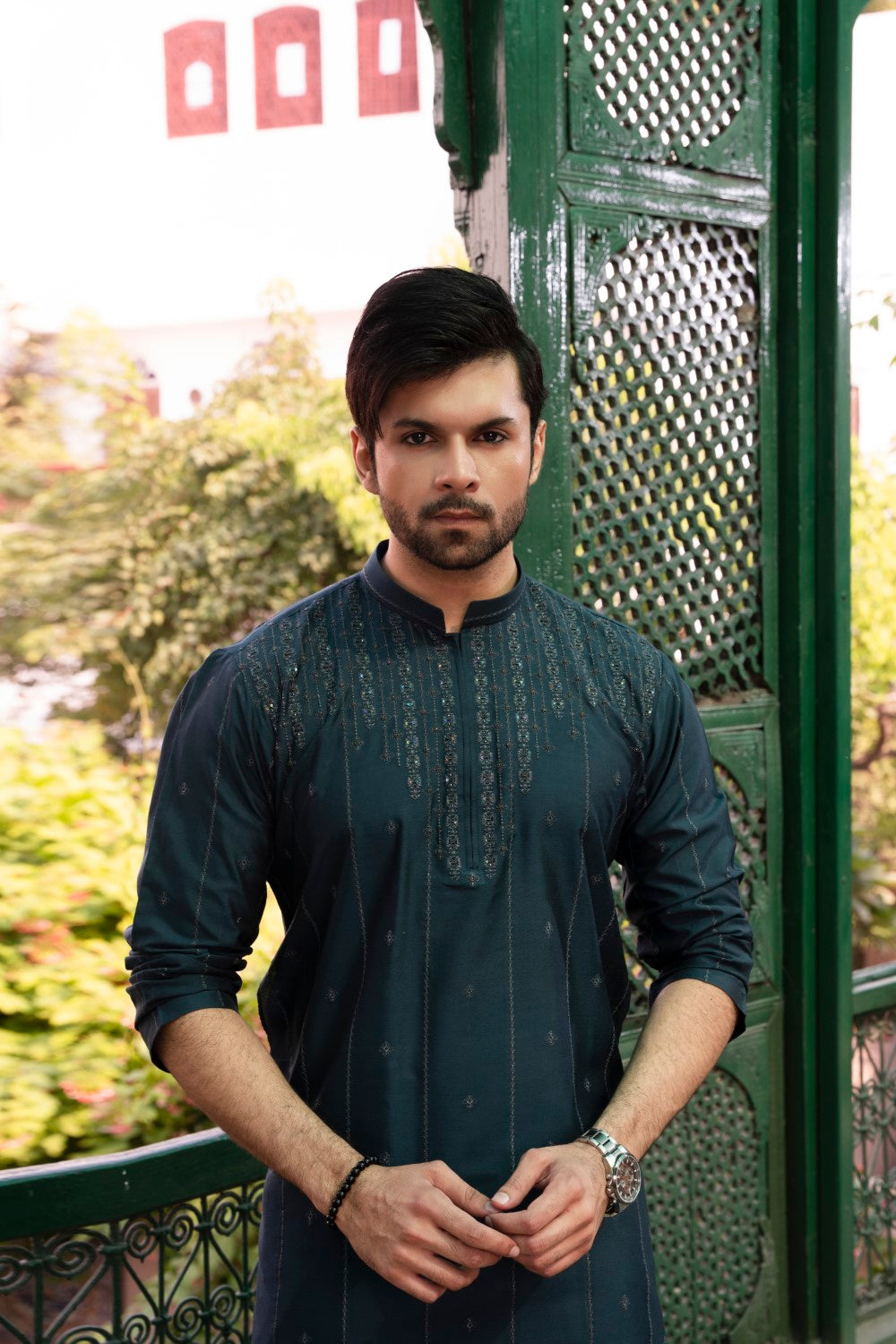 Men Unstitch Formal Embroidered With Allover Pattern Kameez Shalwar Prussian