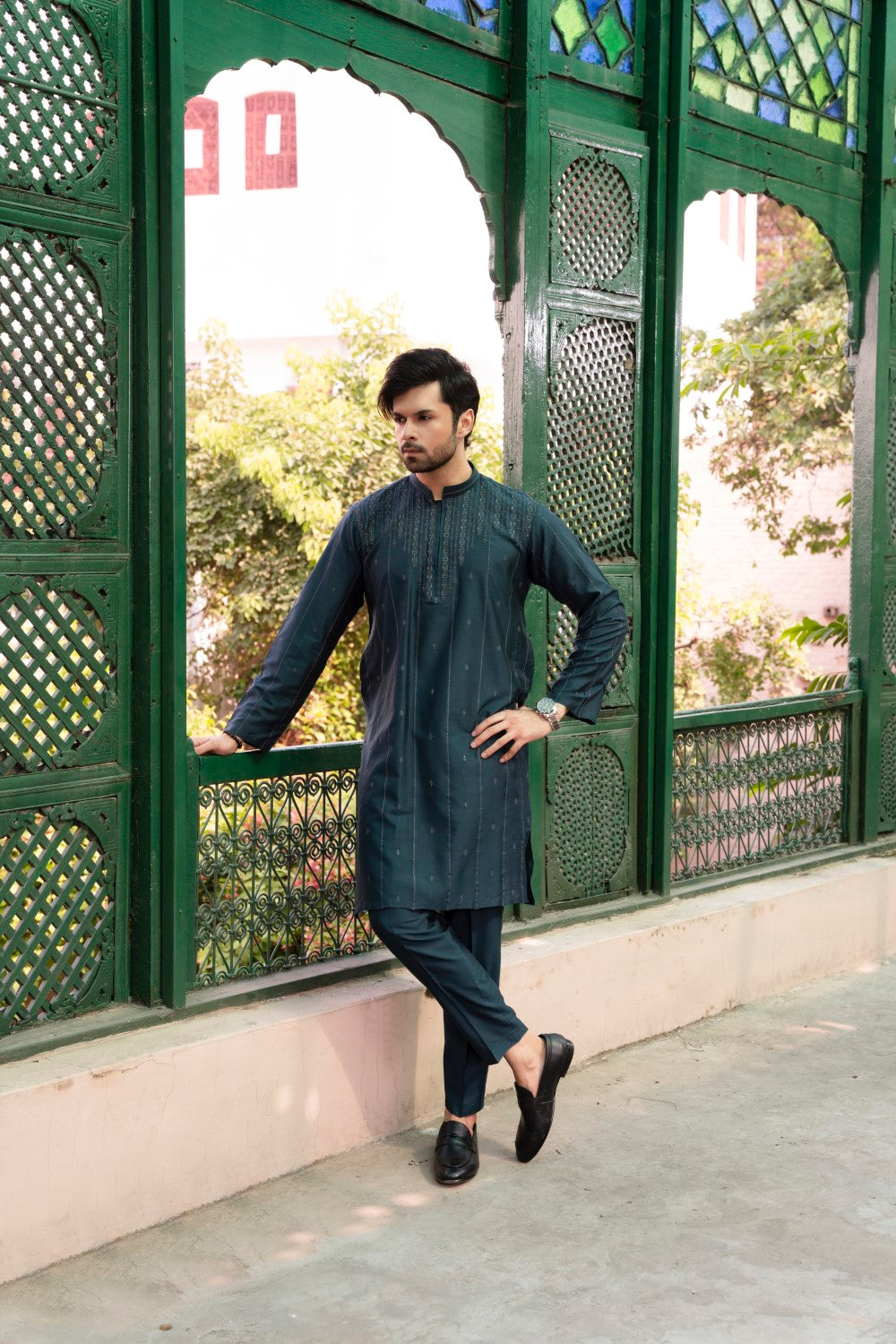 Men Unstitch Formal Embroidered With Allover Pattern Kameez Shalwar Prussian
