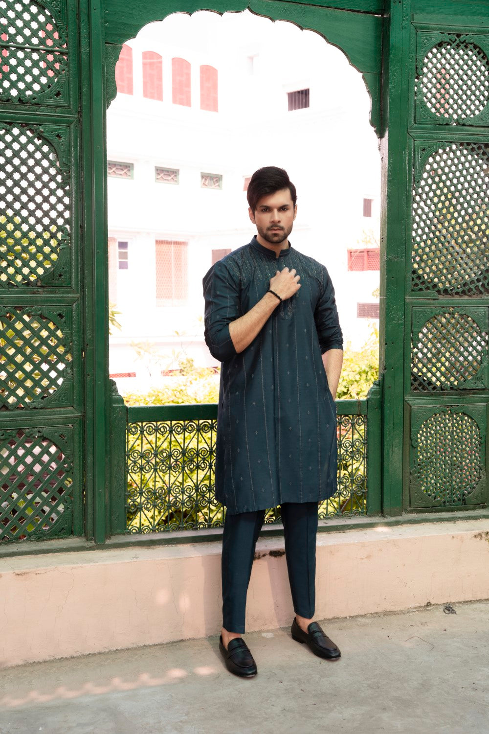 Men Unstitch Formal Embroidered With Allover Pattern Kameez Shalwar Prussian