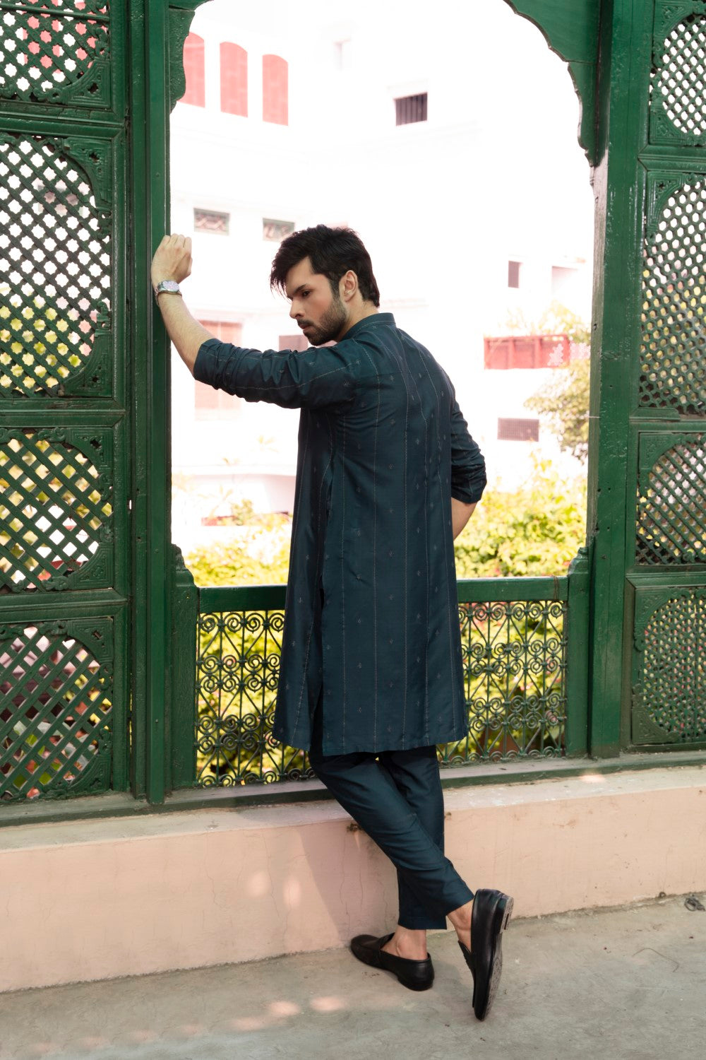 Men Unstitch Formal Embroidered With Allover Pattern Kameez Shalwar Prussian