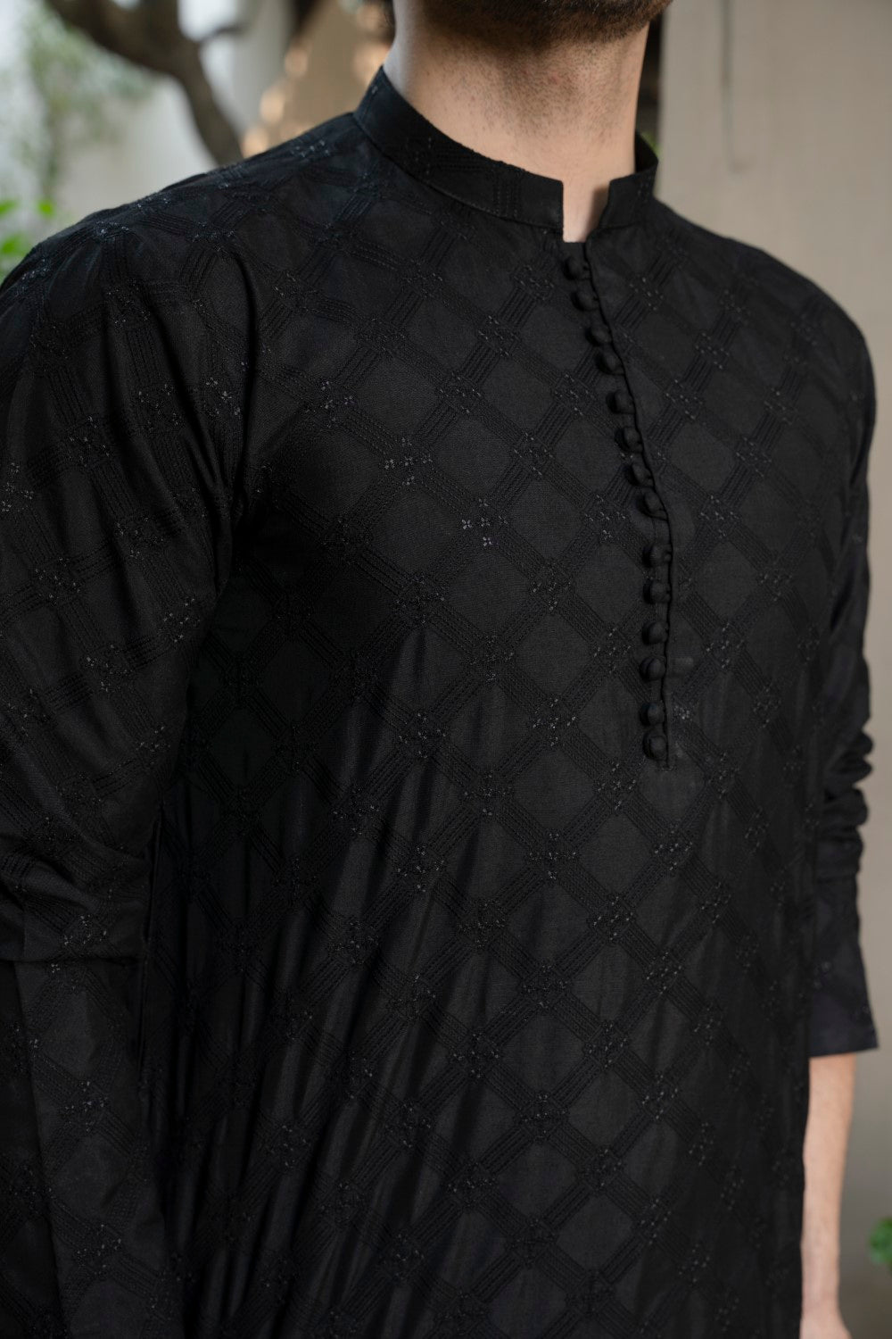 Men Unstitch Allover Embroidered Kameez Shalwar Black