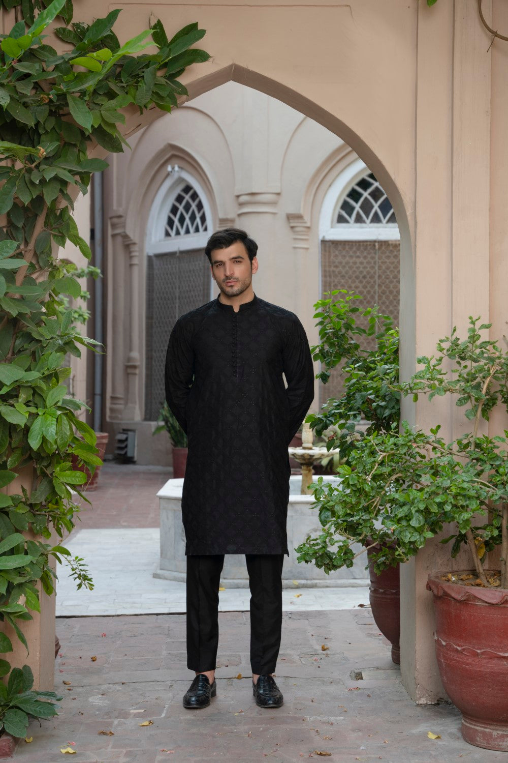 Men Unstitch Allover Embroidered Kameez Shalwar Black