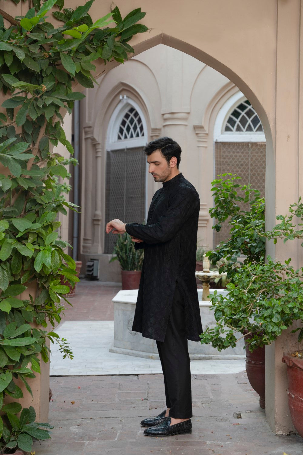 Men Unstitch Allover Embroidered Kameez Shalwar Black