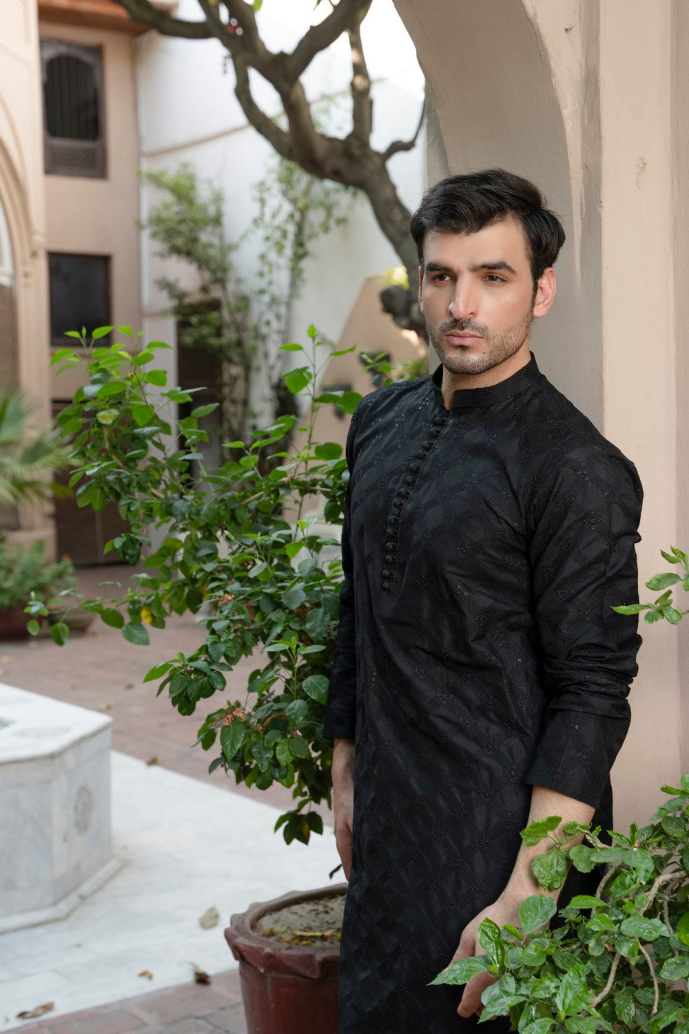 Men Unstitch Allover Embroidered Kameez Shalwar Black