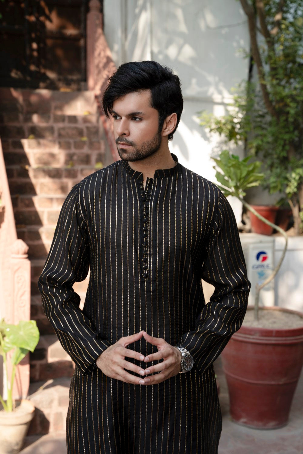 Men Unstitch Formal Jacquard Kurta With Plain Trouser Kameez Shalwar Black