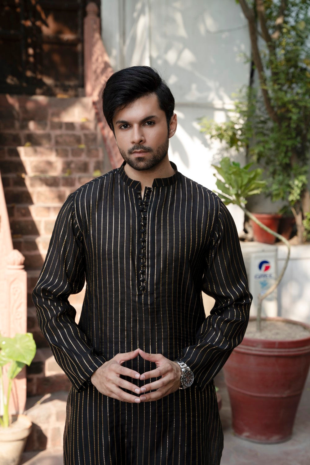 Men Unstitch Formal Jacquard Kurta With Plain Trouser Kameez Shalwar Black
