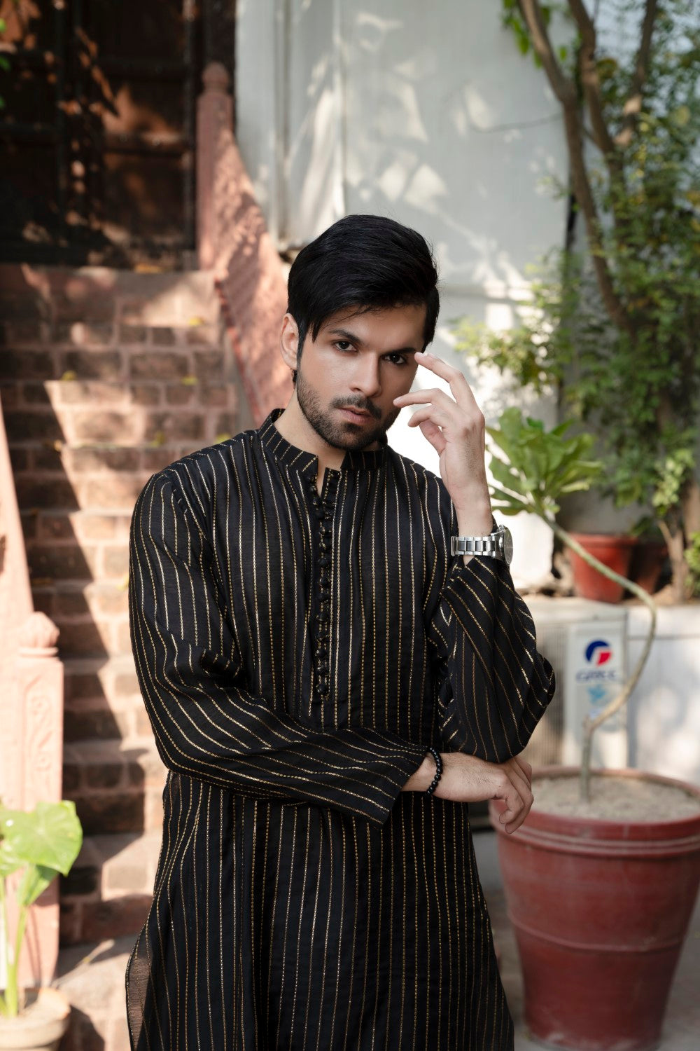 Men Unstitch Formal Jacquard Kurta With Plain Trouser Kameez Shalwar Black