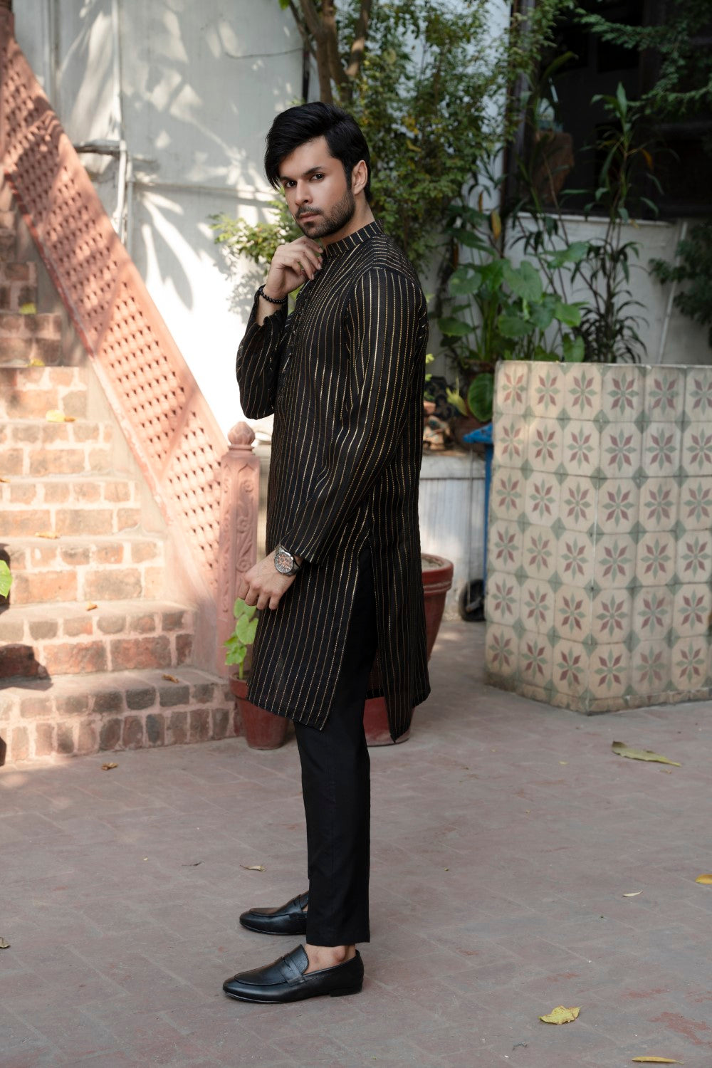 Men Unstitch Formal Jacquard Kurta With Plain Trouser Kameez Shalwar Black