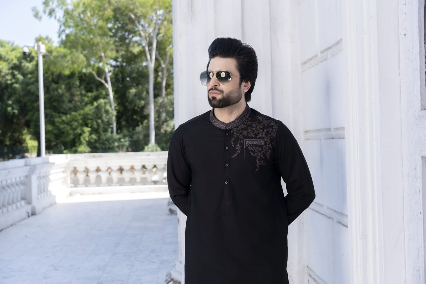 Men Embroidered Unstitch Kameez Shalwar Black