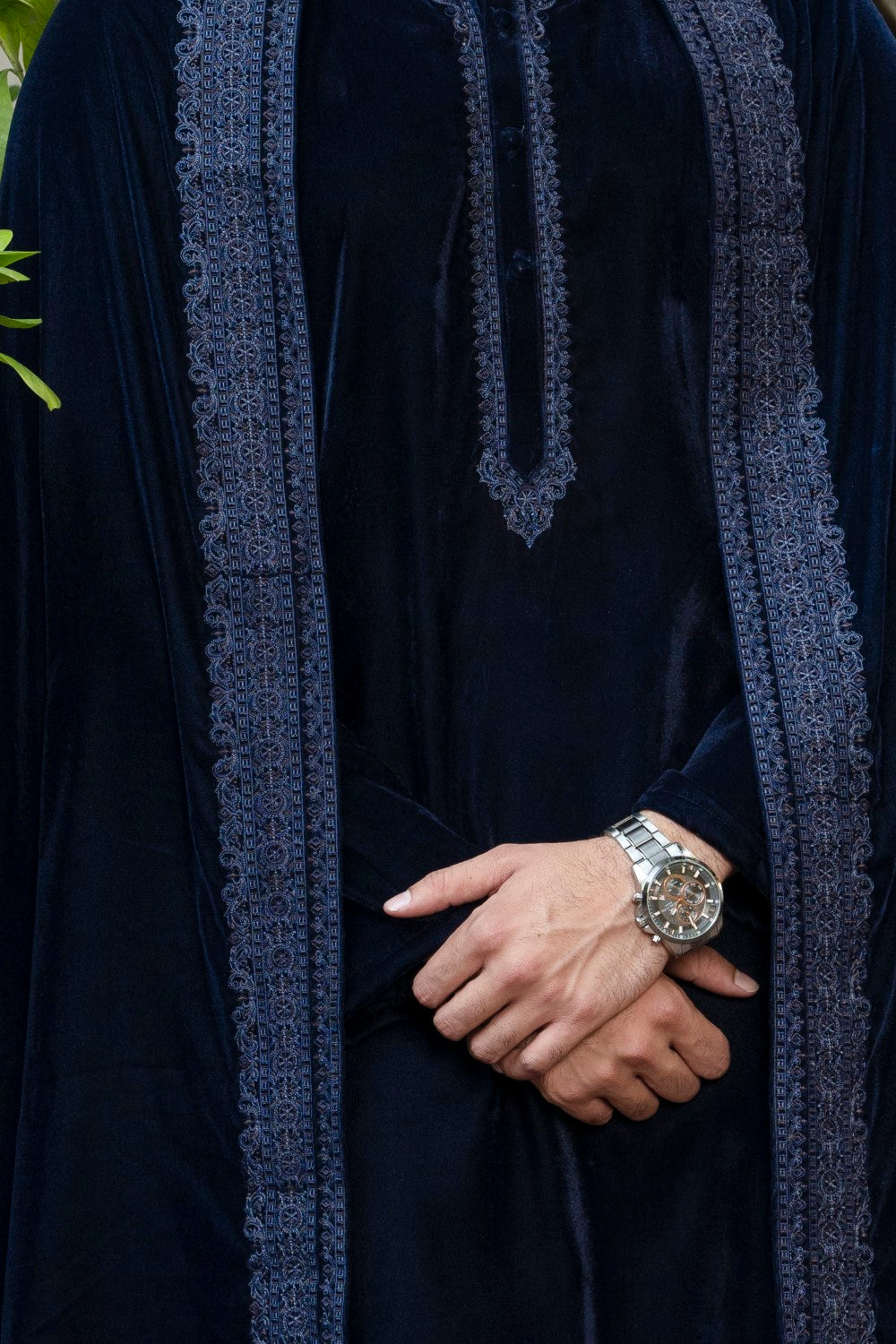 Men Luxury Embroidered Velvet Shawl Navy
