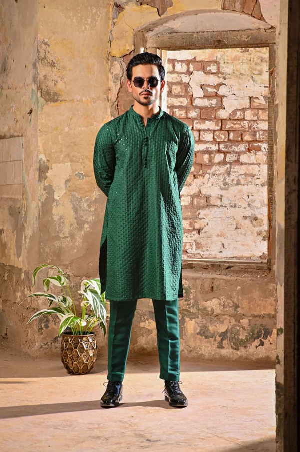 Men Sequence Embroidered Allover Kameez Shalwar Green