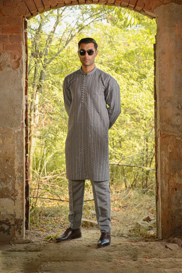 Men Sequence Embroidered Allover Kameez Shalwar Grey