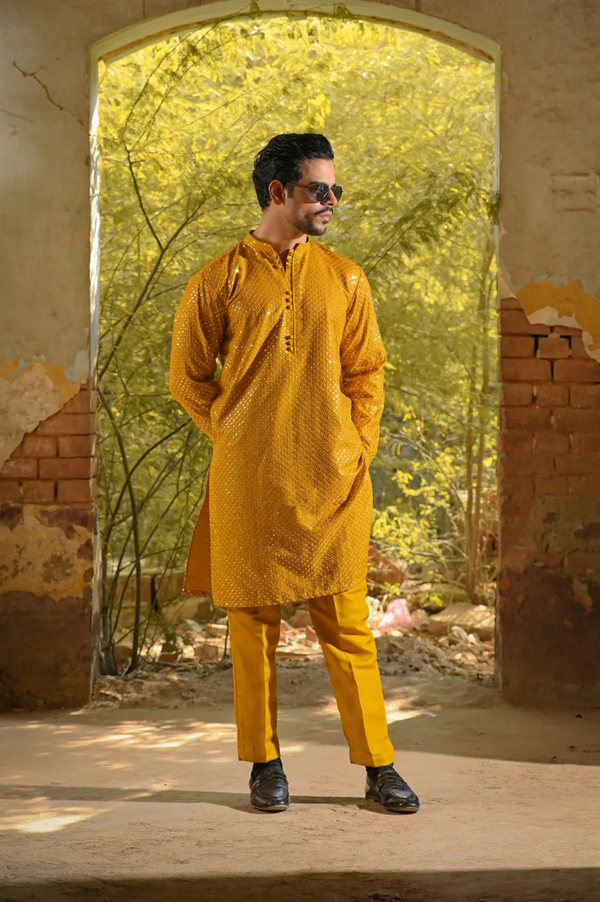 Men Sequence Embroidered Allover Kameez Shalwar Mustard