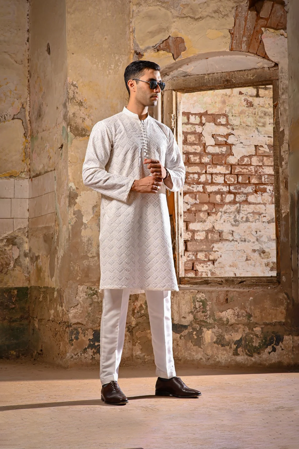 Men Sequence Embroidered Allover Kameez Shalwar Off-White