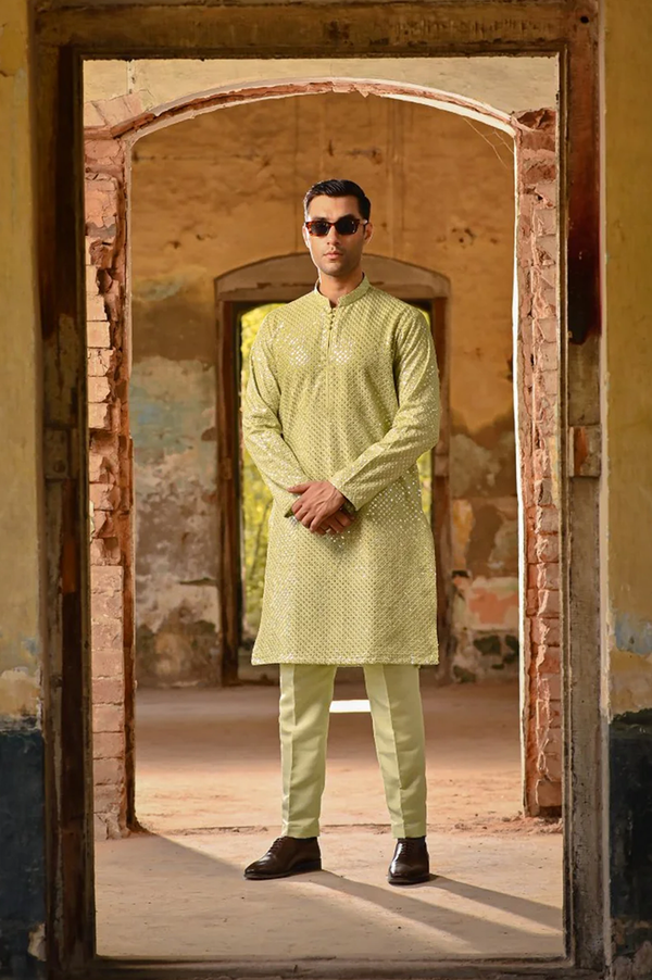 Men Sequence Embroidered Allover Kameez Shalwar Pista-Green