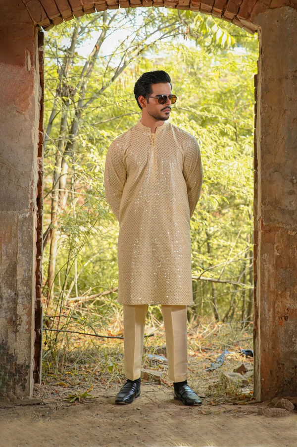 Men Sequence Embroidered Allover Kameez Shalwar Skin