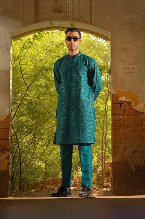 Men Sequence Embroidered Allover Kameez Shalwar Zink