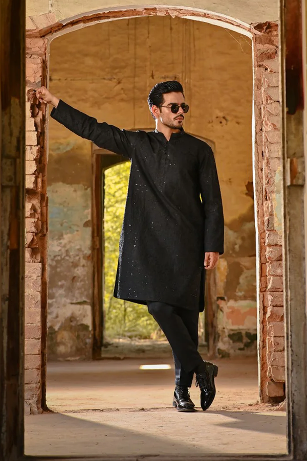 Men Unstitch Sequence Embroidered Allover Kameez Shalwar Black