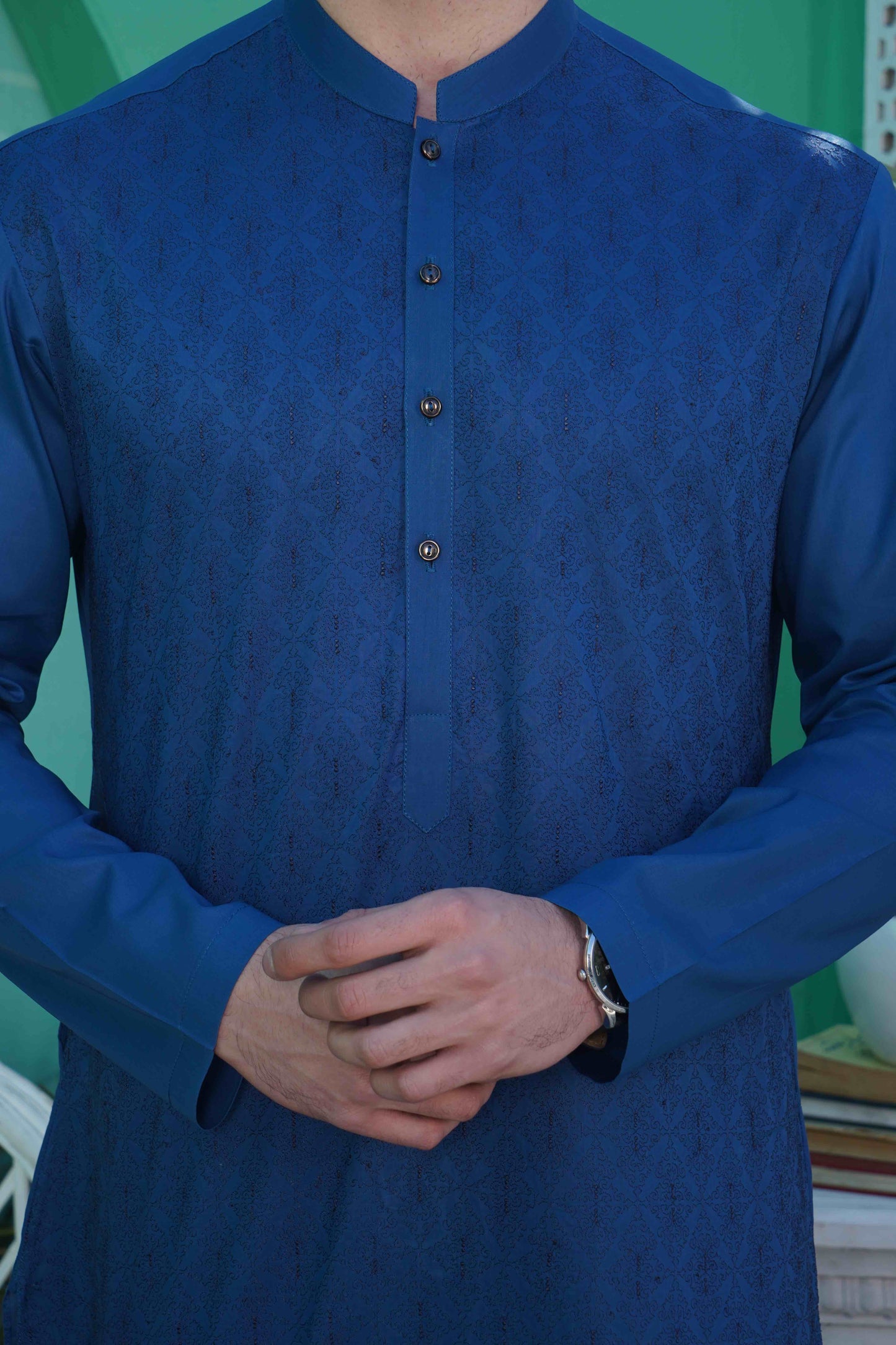 Men Unstitch Front Allover Cotton-Thread Embroidered Kameez Shalwar - Blue