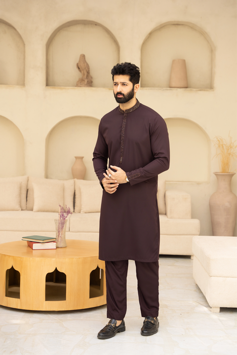 Men Unstitch Multi-Embroiderd Bann/Placket & Cuff Strip Kameez Shalwar With Signature Pattern And Design - Maroon Oak