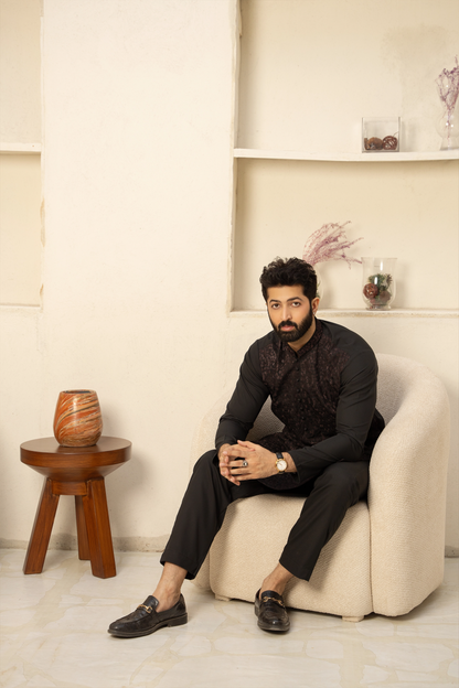 Black Men Embroidered Unstitch Kameez Shalwar With Fully Front Allover Embroidered & Bann With Signature Pattern And Design