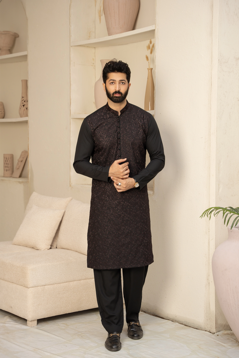 Men Embroidered Unstitch Kameez Shalwar With Fully Front Allover Embroidered & Bann With Signature Pattern And Design - Black