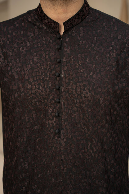 Black Unstitch Kameez Shalwar With Fully Front Allover Embroidered & Bann With Signature Pattern And Design