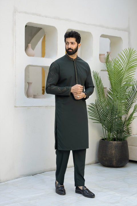Men Embroidered Unstitch Kameez Shalwar With Fully Sleeves Embroidered With Bann/Placket, Signature Pattern And Design - Phthalo-Green