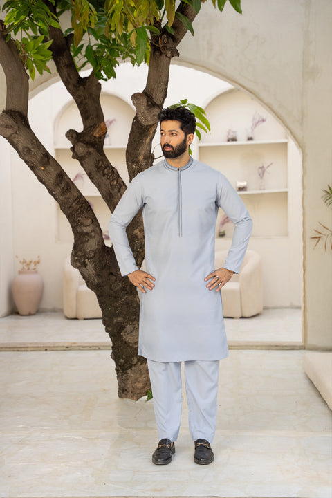 Men Embroidered Unstitch Kameez Shalwar With Fully Front Allover Embroidered & Bann/Placket With Signature Pattern And Design - Misty-Blue