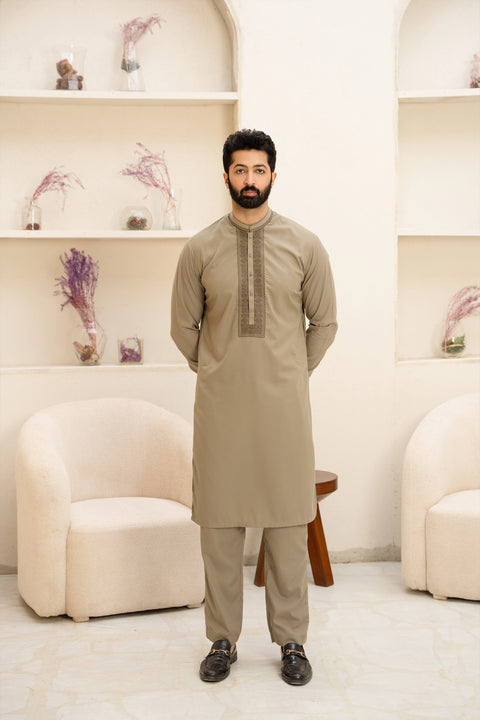 Men Unstitch Tarkashi Effect Embroidered Neckline & Bann Kameez Shalwar With Contrast Colors & Signature Pattern Embroidery Design - Olive-Khaki