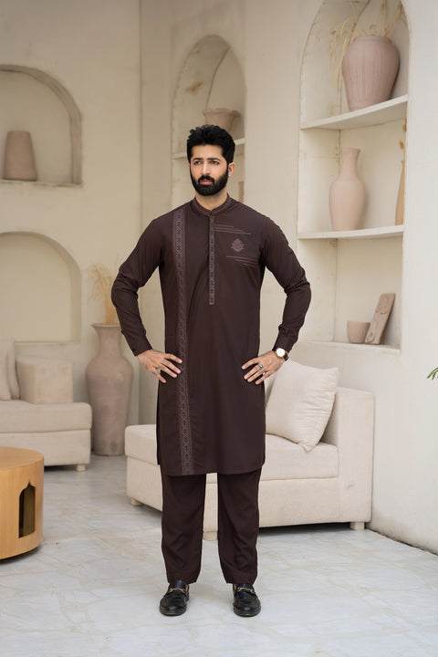 Men Embroidered Unstitch Kameez Shalwar With Fully Front Side-Pannel With Motif & Bann/Placket Embroidered With Signature Pattern And Design - Brown