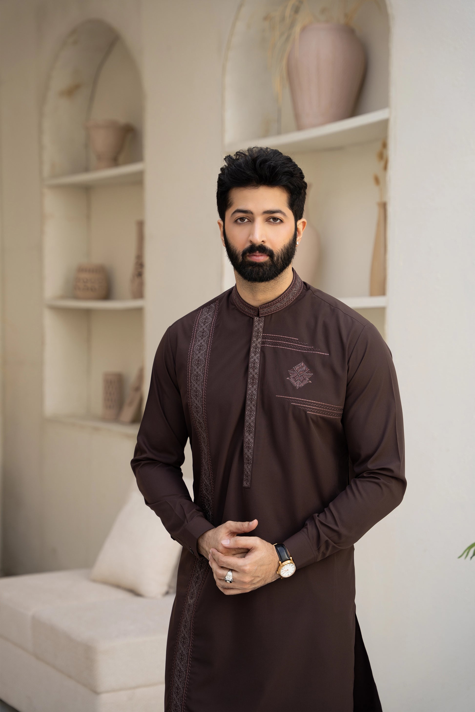 Brown Men Embroidered Unstitch Kameez Shalwar With Fully Front Side-Pannel With Motif & Bann/Placket Embroidered With Signature Pattern And Design