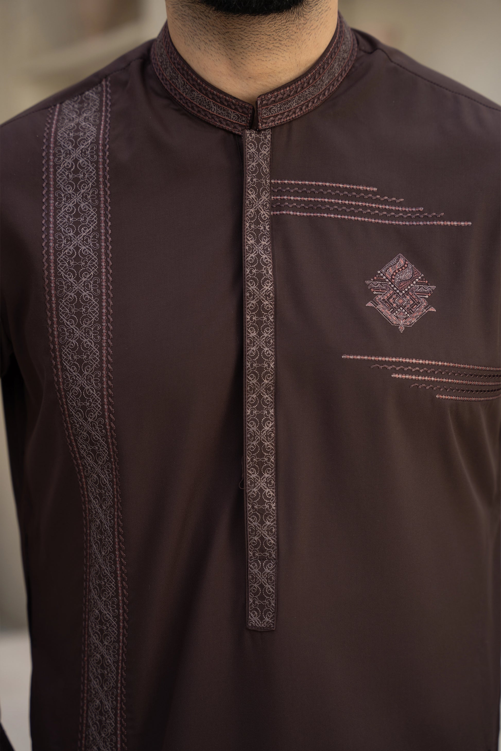 Brown Unstitch Kameez Shalwar With Fully Front Side-Pannel With Motif & Bann/Placket Embroidered With Signature Pattern And Design