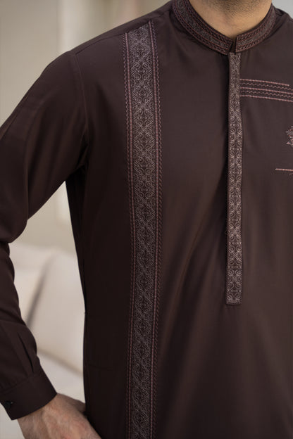 Men Embroidered Unstitch Kameez Shalwar With Fully Front Side-Pannel With Motif & Bann/Placket Embroidered With Signature Pattern And Design - Brown