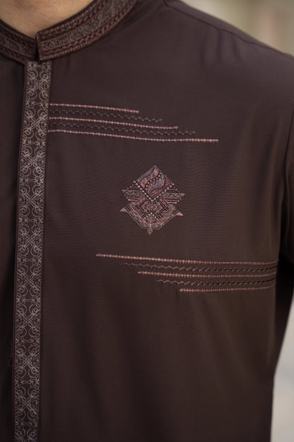 Men Embroidered Unstitch Kameez Shalwar With Fully Front Side-Pannel With Motif & Bann/Placket Embroidered With Signature Pattern And Design - Brown