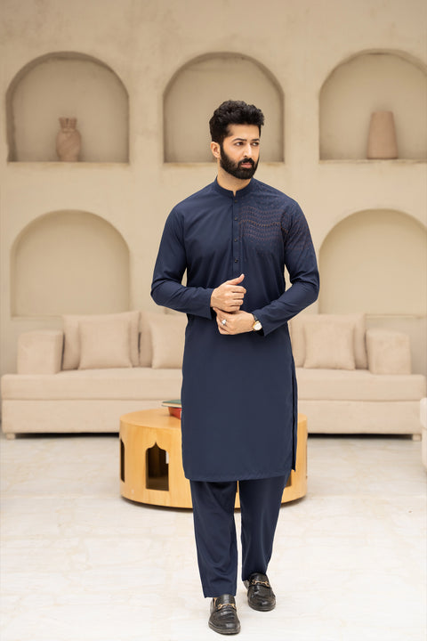 Men Semi-Formal Embroidered Unstitch Kameez Shalwar With One-Sided Chest & Slevee With Signature Pattern And Design - Navy
