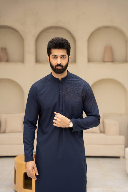 Men Semi-Formal Embroidered Unstitch Kameez Shalwar With One-Sided Chest & Slevee With Signature Pattern And Design - Navy