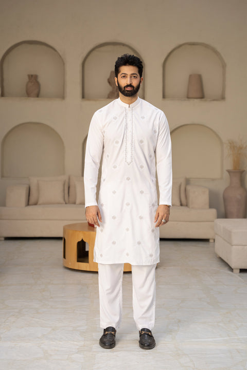 Men Embroidered Unstitch Kameez Shalwar With Fully Front Allover Neckline & Motif Spray Embroidered With Signature Pattern And Design - Off-White