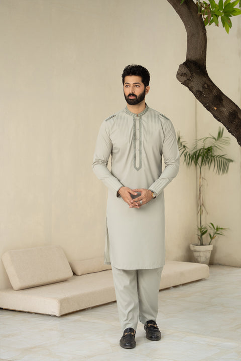 Men Embroidered Unstitch Kameez Shalwar With Neckline/ Bann & Shoulder Loop With Slevees, & Embroidered With Signature Pattern And Design - Nyanza