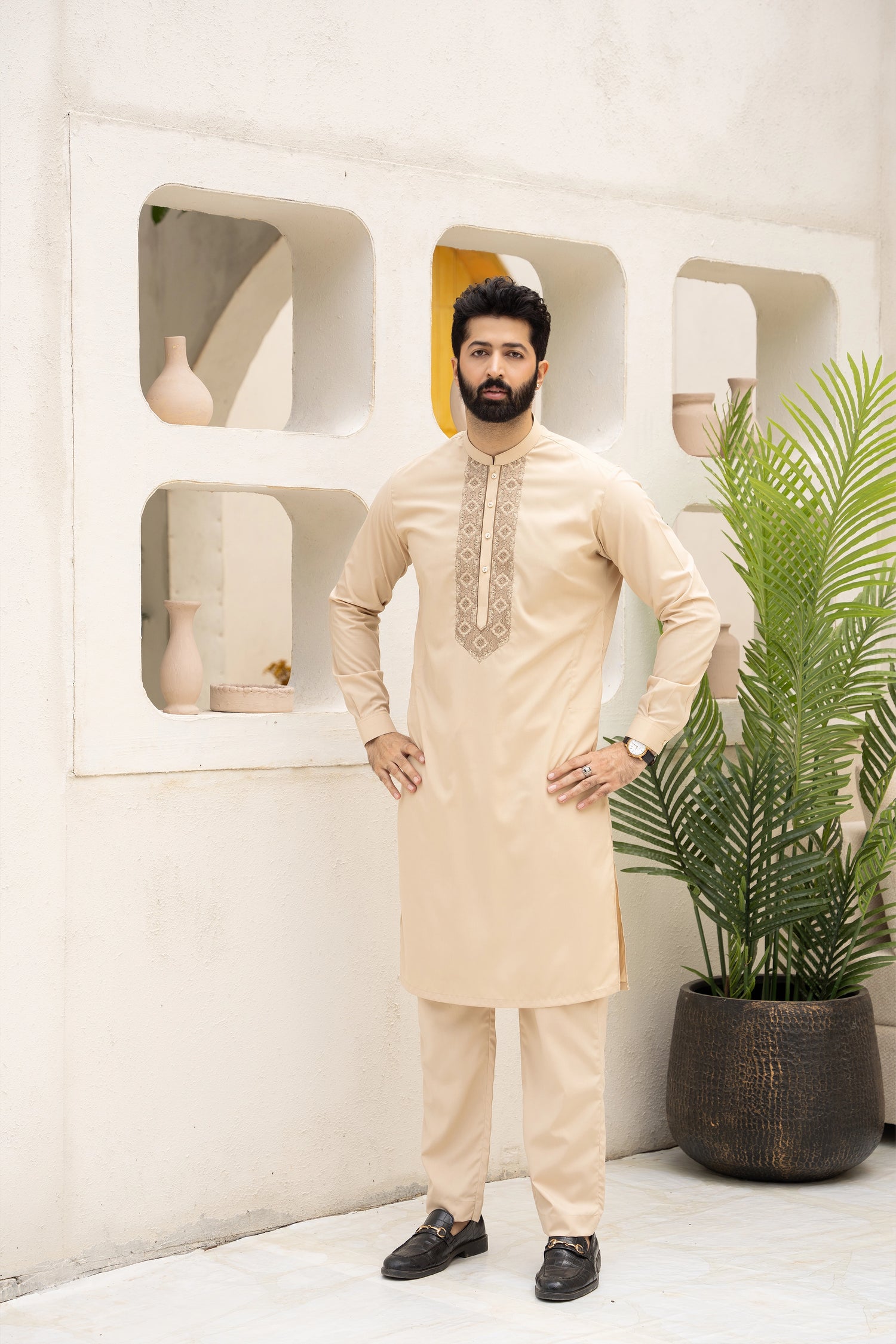 Men Semi-Formal Neckline Embroidered Unstitch Kameez Shalwar With Signature Pattern And Design