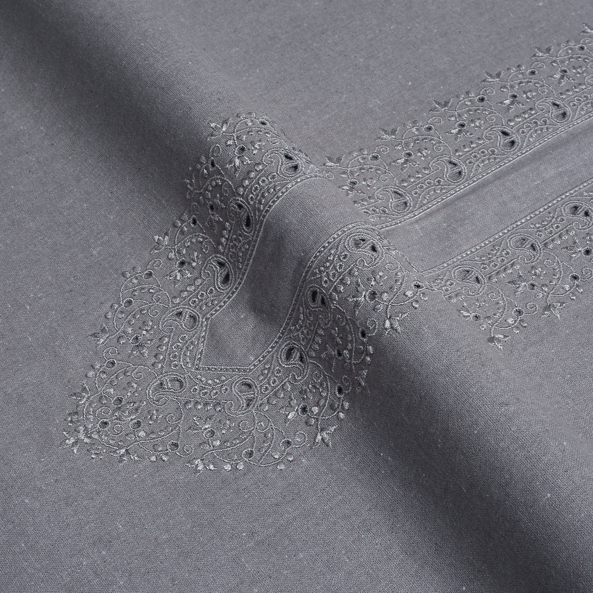Grey Embroidered With Cutwork Needle Work Kameez Shalwar | Wasaya Khaddar Unstitched Fabric For Men