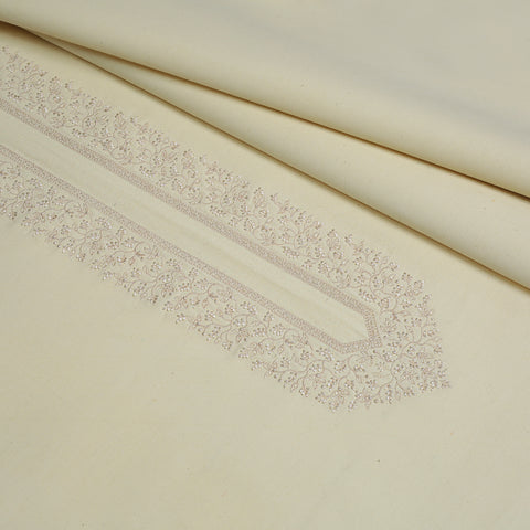 Cream Embroidered Kameez Shalwar | Silk Karandi Unstitched Fabric For Men