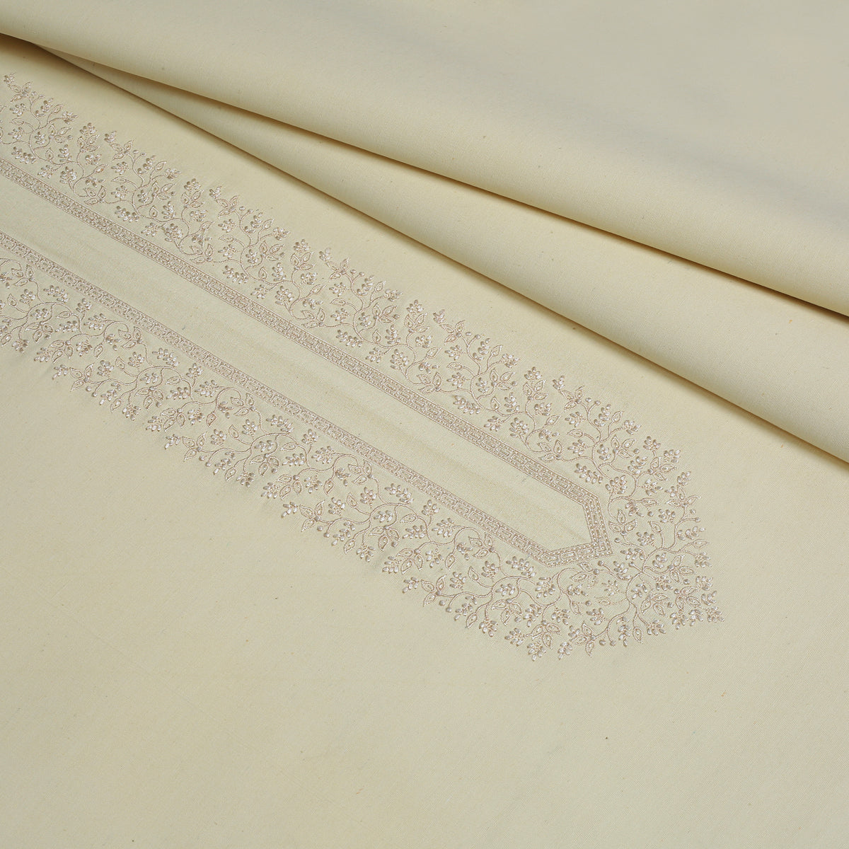 Cream Embroidered Kameez Shalwar | Silk Karandi Unstitched Fabric For Men
