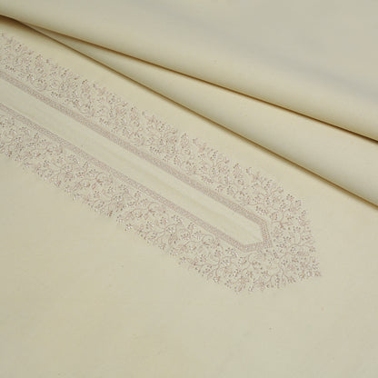 Cream Embroidered Kameez Shalwar | Silk Karandi Unstitched Fabric For Men