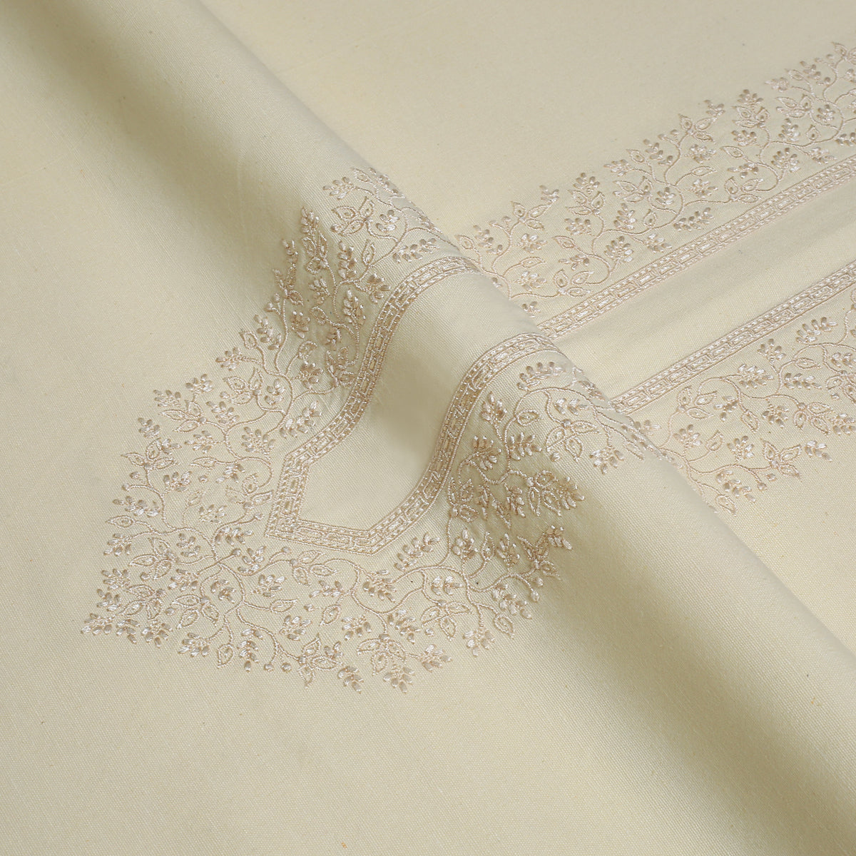 Cream Embroidered Kameez Shalwar | Silk Karandi Unstitched Fabric For Men